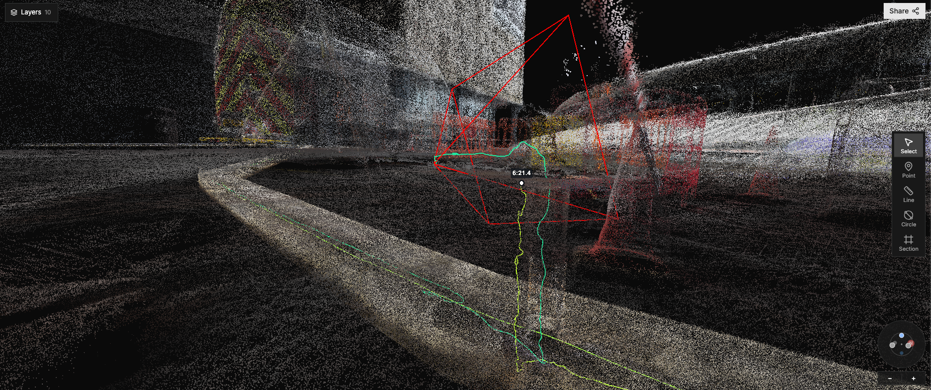 Drone flight path drawn through the Halo LiDAR model, with the video timeline